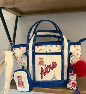 Aeropostale French Bulldog Paris Canvas Mini Tote Crossbody Bag Royal Blue NWT